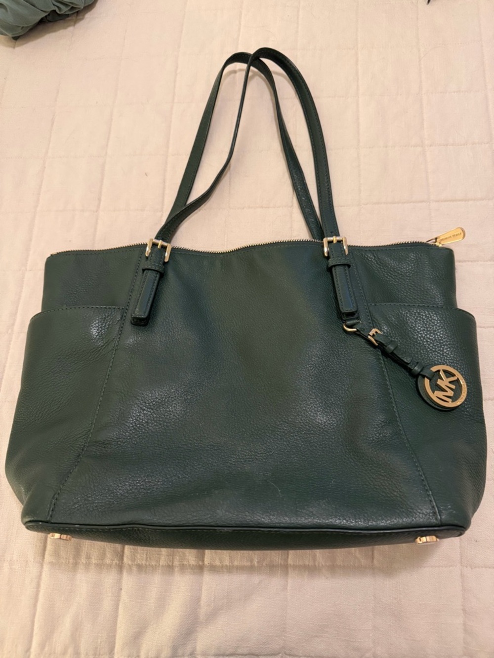 Michael Kors Dark Green Pebbled Leather Tote with Gold Accents